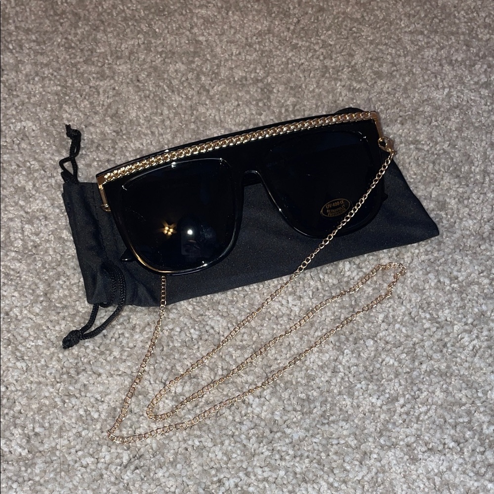 Black Sunglasses with Gold Chain Accent